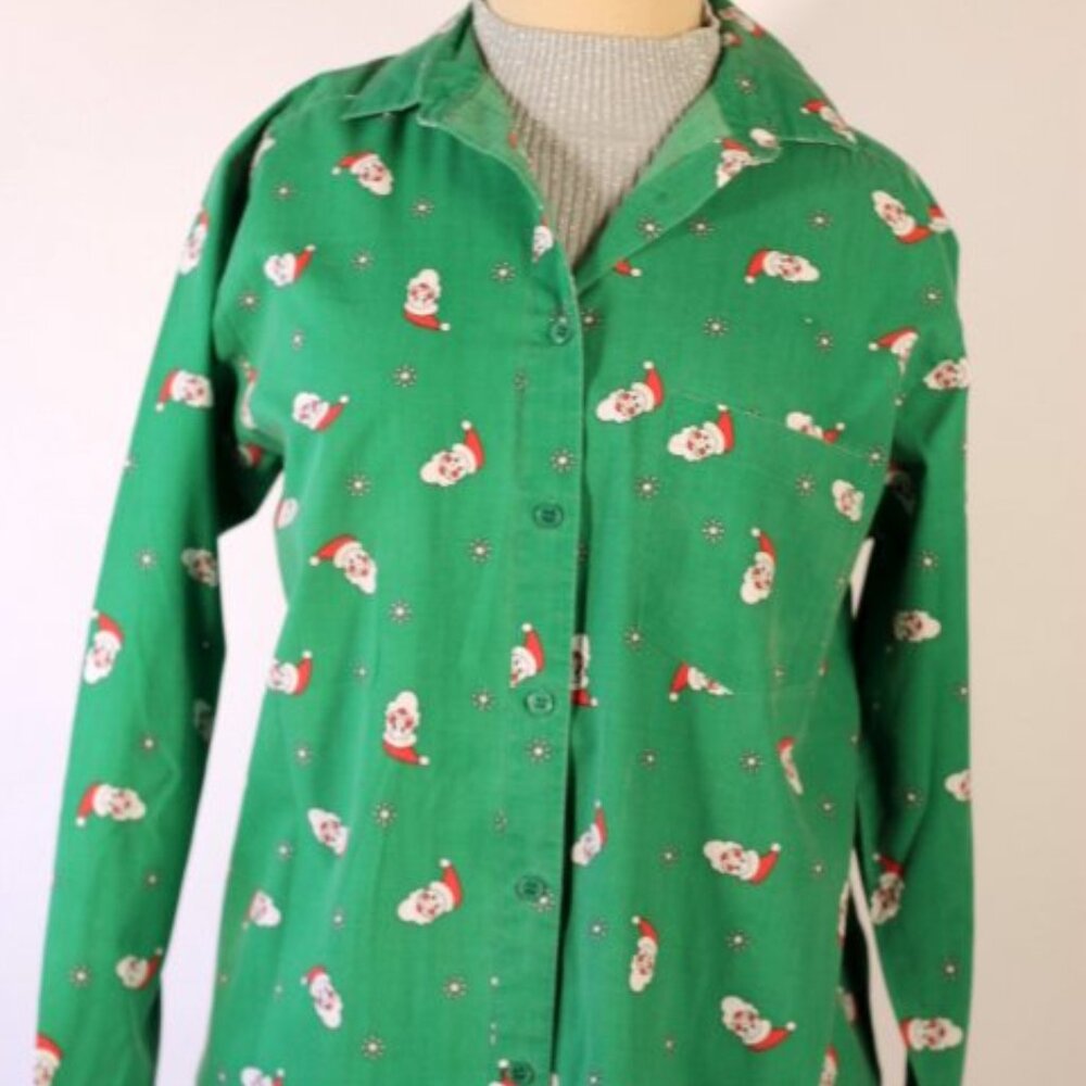 Vintage '90s Womens Christmas Button-Up Shirt Green Santa Print Slim Fit Size 8